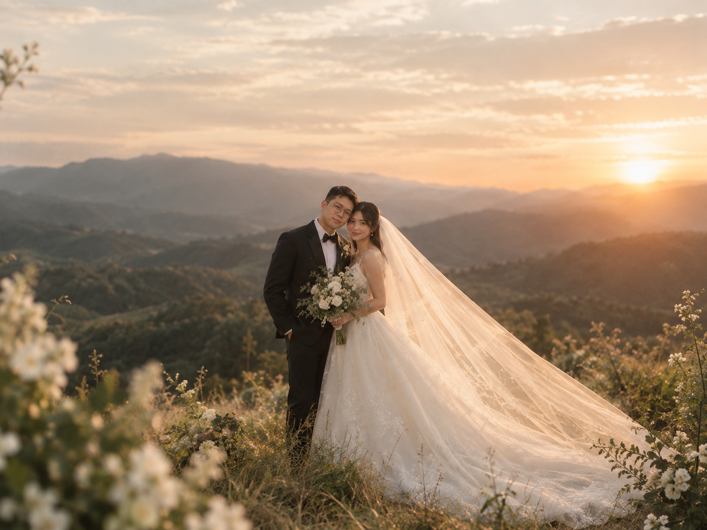 Harvey and Luna in the mountains at golden hour